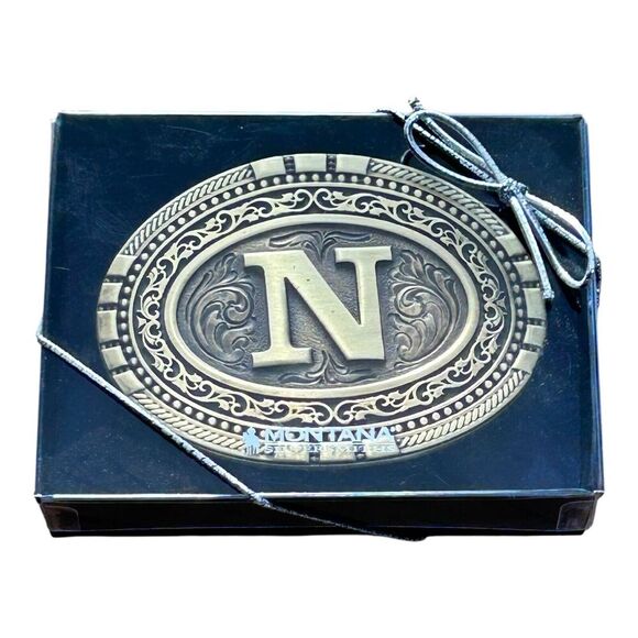 Montana Silversmiths Oval Brass Cast Filigree Initial N Belt Buckle Rope Border - Picture 1 of 4